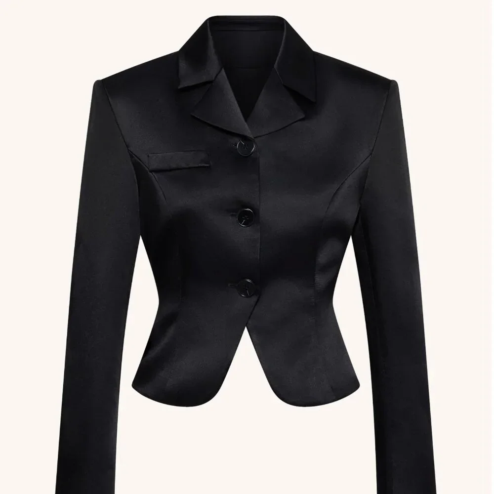 JW Pei Satin Sculpted Waist Cropped Blazer - Black - Picture 2 of 3